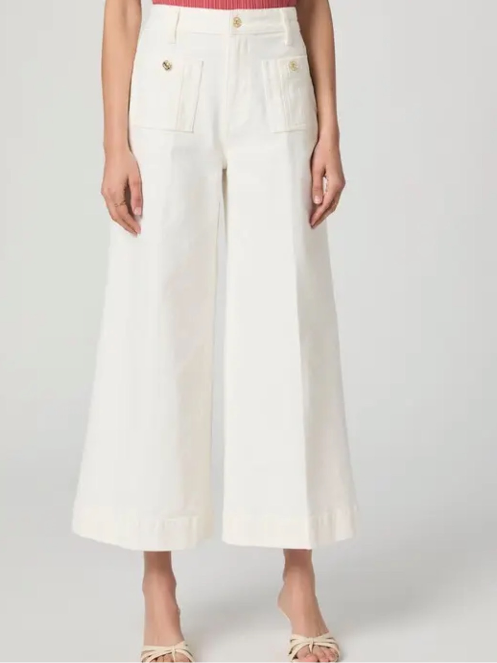 Paige Lola White High-Rise Seamed Pockets Wide Leg Pants With Gold Button